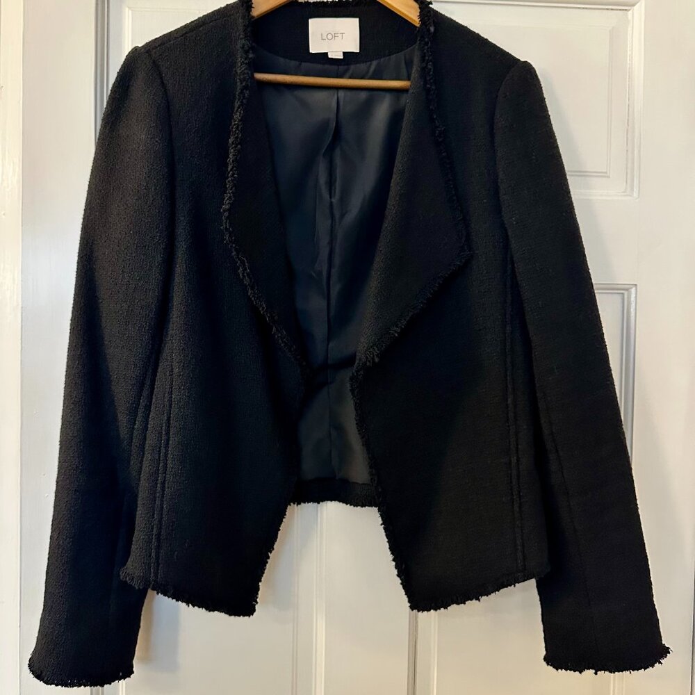 LOFT black tweed open fringed blazer size 8